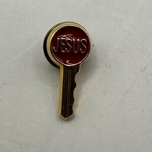 Jesus Key Shaped Lapel Pin Red & Gold Tone Metal Religious Accessory